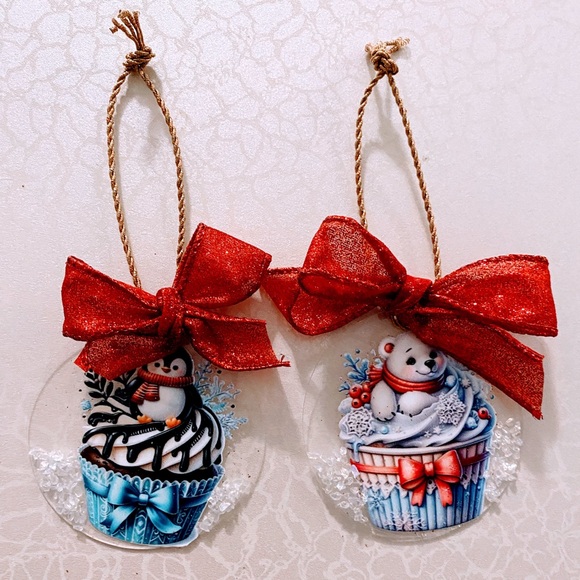 Festive Penguin and Bear Holiday Ornaments with Red Bows - Picture 1 of 2